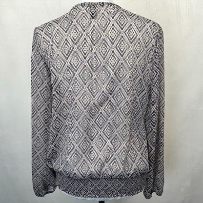 Forever 21 Sheer Top Sz S Multicolor Split Neckline Elastic Waist Long Sleeve