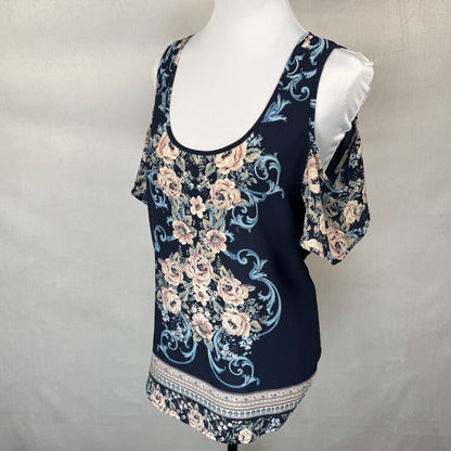 Meraki Blouse Sz M Navy Floral Print Scoop Neckline Cold Shoulder Back Keyhole