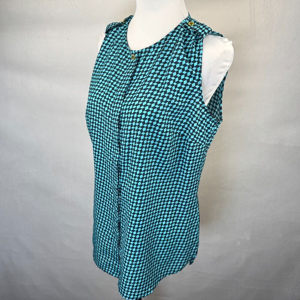 Michael Kors Blouse Sz 6 Black & Green Round Neck Hidden Buttons Sleeveless