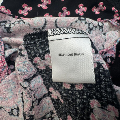 Rose & Olive Top Sz S Black Floral Ruffle Crew Neck Crochet Trim Flutter Sleeve