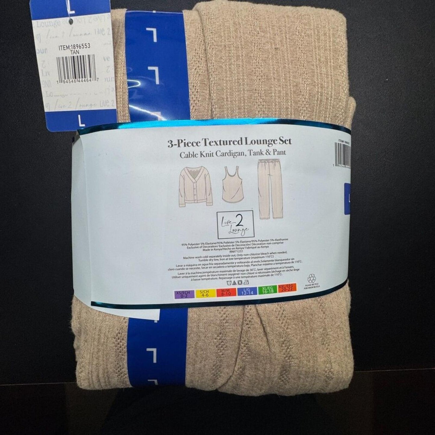 Live 2 Lounge Sz L Women's 3-Piece Textured Lounge Set Cable Knit Tan NWT
