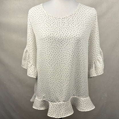 Sienna Sky Sz L Polka Dot Ruffle Hem Blouse Boat Neck 3/4 Flared Sleeve Career