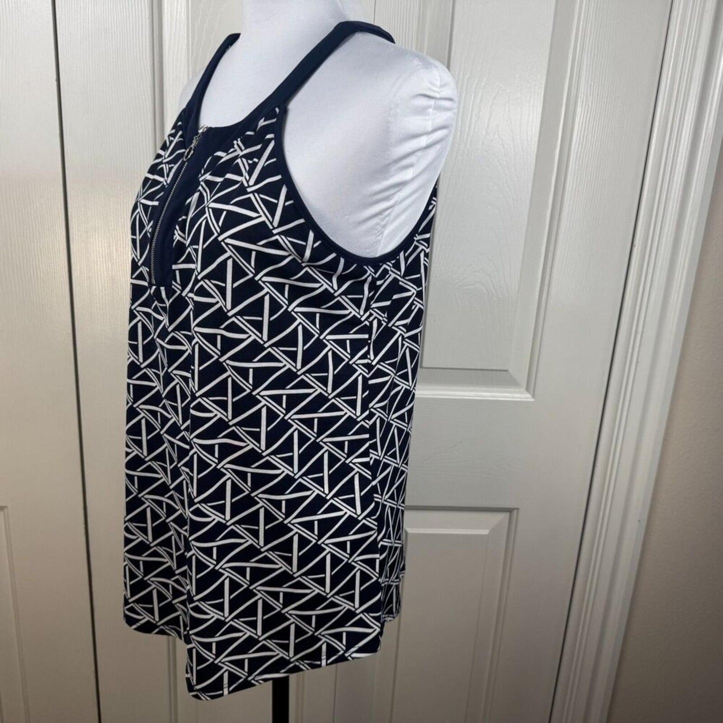 Naif Women Halter Top Size M Navy White Geometric Print Sleeveless Zip Front
