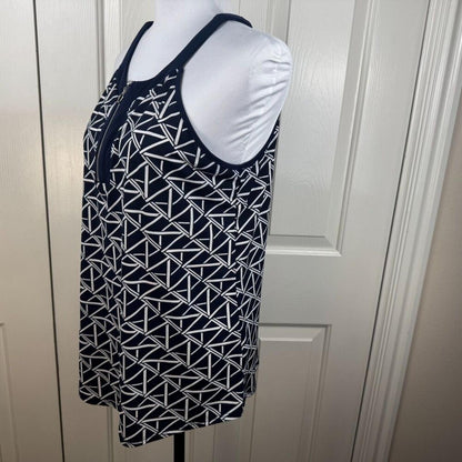 Naif Women Halter Top Size M Navy White Geometric Print Sleeveless Zip Front