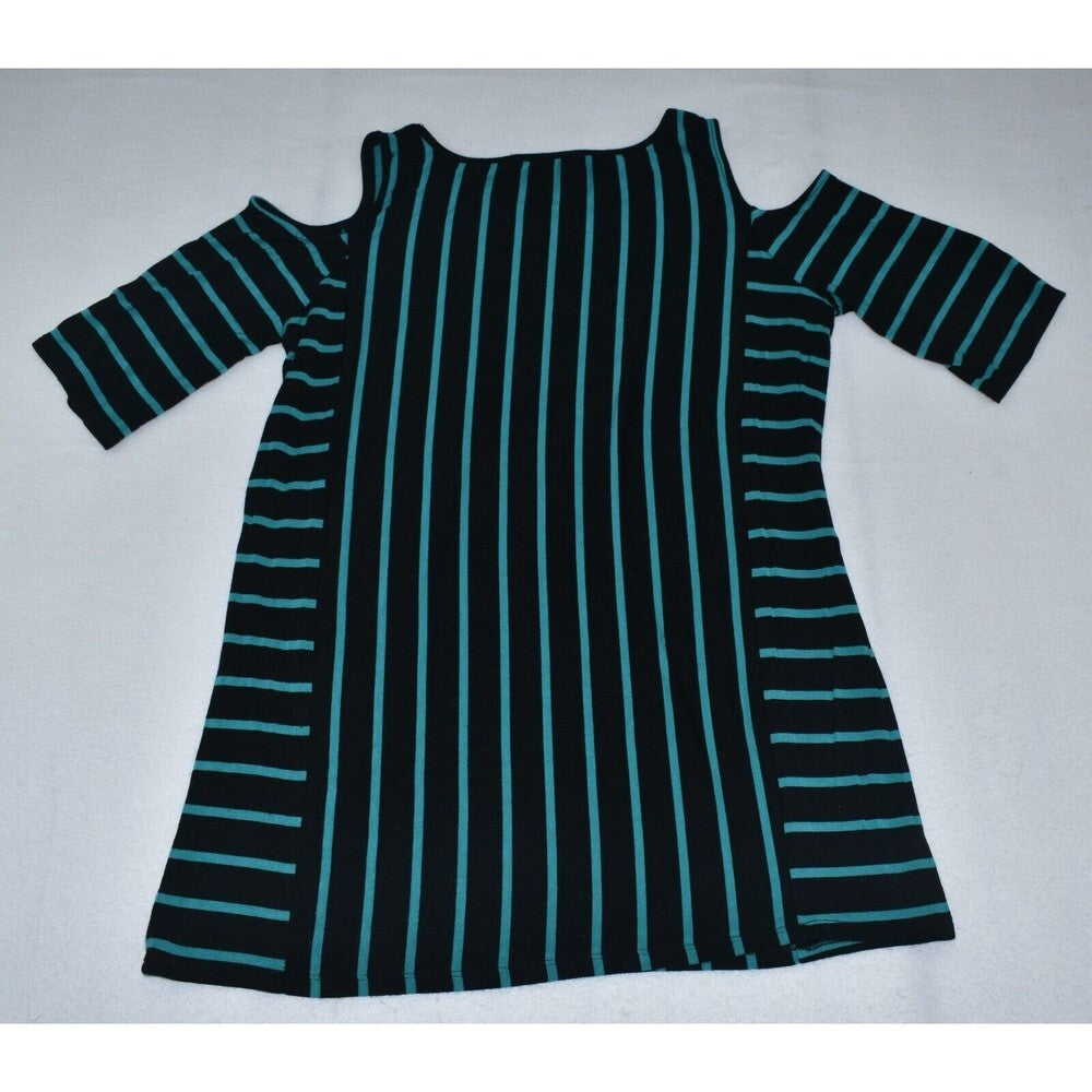 Cable & Gauge Top Sz M Striped Black Green Open Shoulder Knit