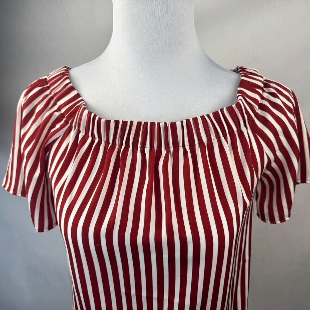 H&M Women’s Sz 0 Maroon White Striped Off Shoulder Short Sleeve Top