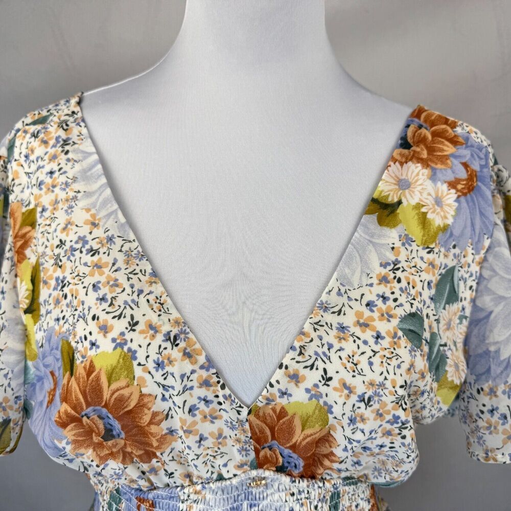 Meraki Women Sz S Top Floral Shirred Waisted Peplum Buttons VNeck Flared Sleeves