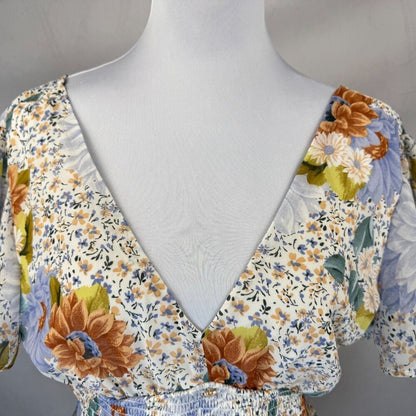 Meraki Women Sz S Top Floral Shirred Waisted Peplum Buttons VNeck Flared Sleeves