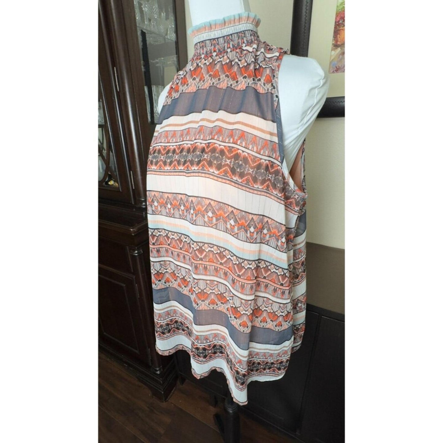 By & By Top Sz XL Sheer Ruffled High Neck Sleeveless Peach Gray Lined