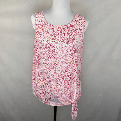 Rachel Zoe Women Sz M Top Round Neck White Red Orange Dots Abstract Sleeveless