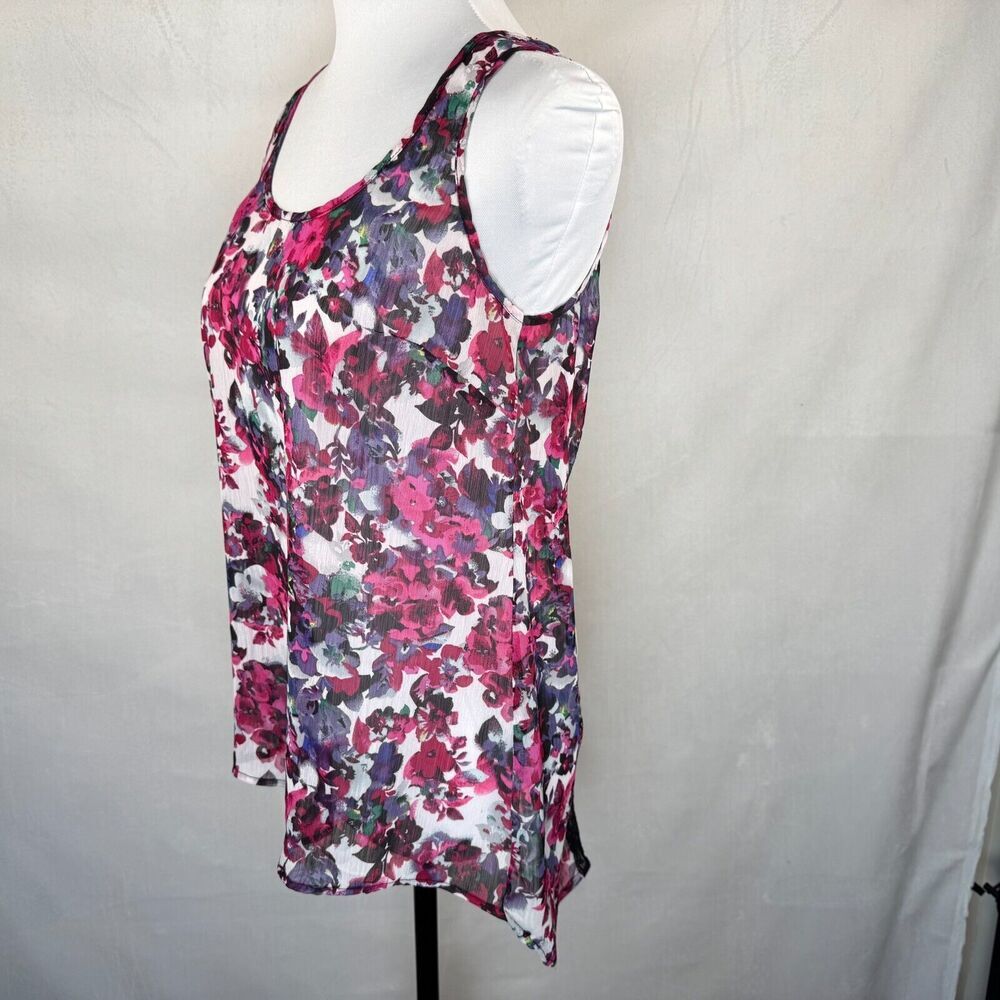 Studio Y Blouse Sz M Multicolor Floral Sheer Back Lace Scoop Neckline Sleeveless