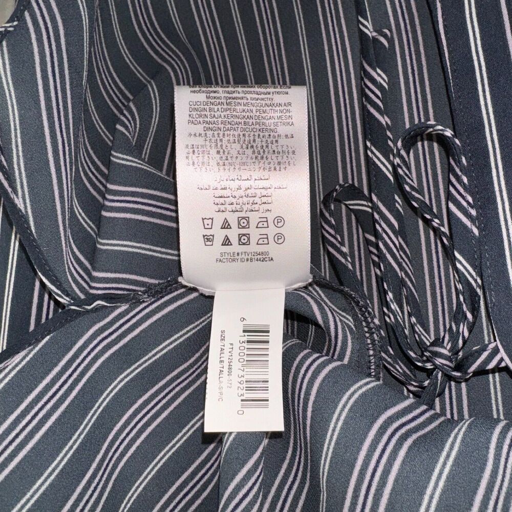 BCBG MaxAzria Blouse Sz S Midnight Teal Asymmetrical Wrap White Pink Stripes NWOT