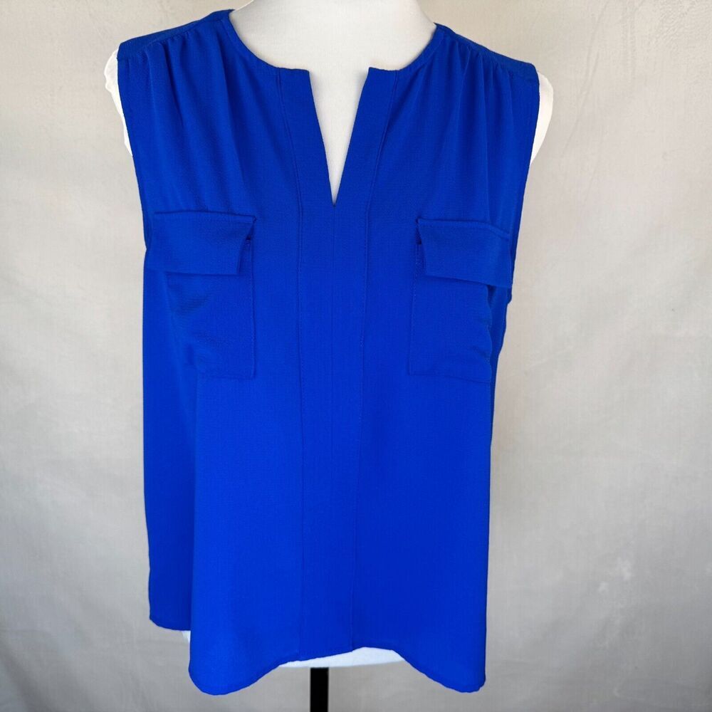 Monteau Women Blouse Sz L Blue Split Neck Pockets Sleeveless