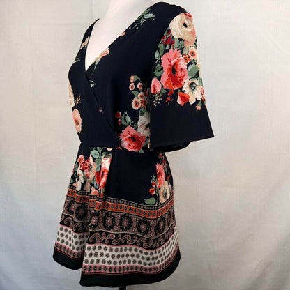 Trixxi Clothing Co Romper Sz S Black Navy Floral Ruffled Sleeve Surplice Wrap
