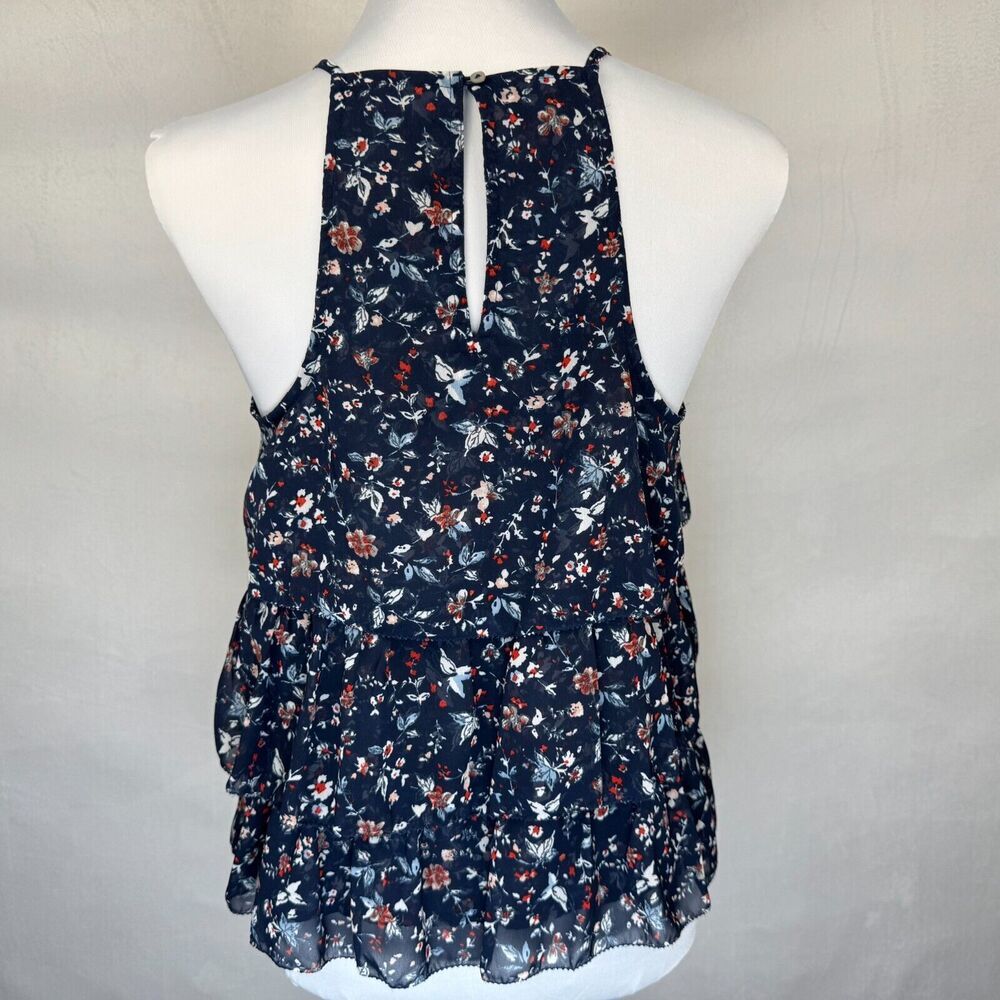 Abercrombie & Fitch Tank Sz S Navy Sheer Floral Ruffled Lace Trim Racerback