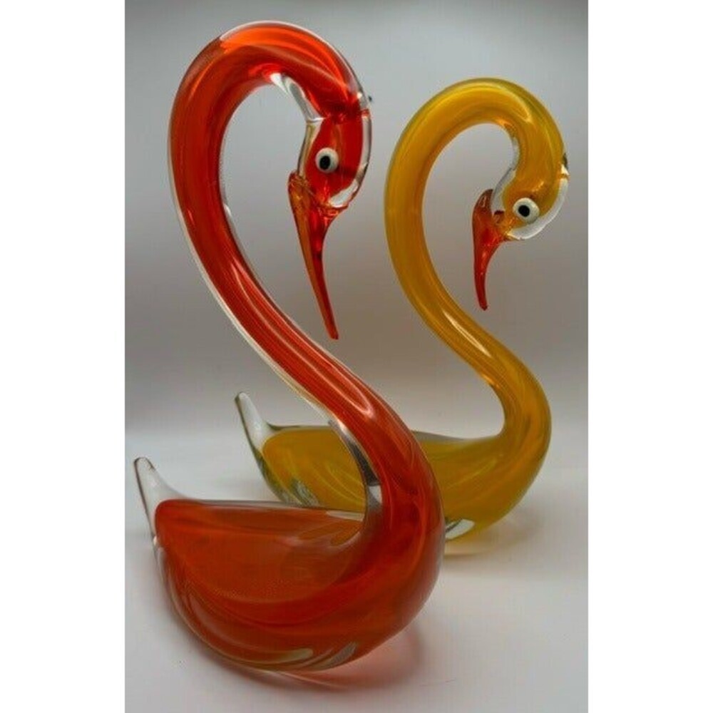 Vintage Art Glass Swan Figurines Pair Red Orange Yellow Hand Blown Style