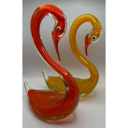 Vintage Art Glass Swan Figurines Pair Red Orange Yellow Hand Blown Style