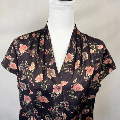 Jones New York Sz 14 Silk Top Brown Floral VNeck Pleated Button Up Cap Sleeve
