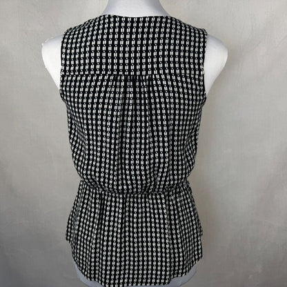 Chelsea 28 Women Sz XS Top Black Geo Ivory Print Peplum Surplice VNeck Faux Wrap