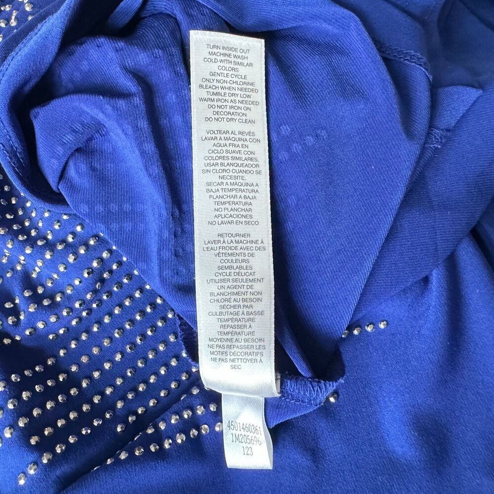 Chico's Top Sz 1 Blue Tunic Silver Embellished Round Neck 3/4 Sleeve Back Slit