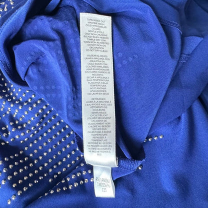 Chico's Top Sz 1 Blue Tunic Silver Embellished Round Neck 3/4 Sleeve Back Slit