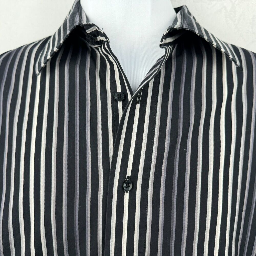 Report Collection Men Shirt Sz L Striped Button Down Long Sleeve Black Gray