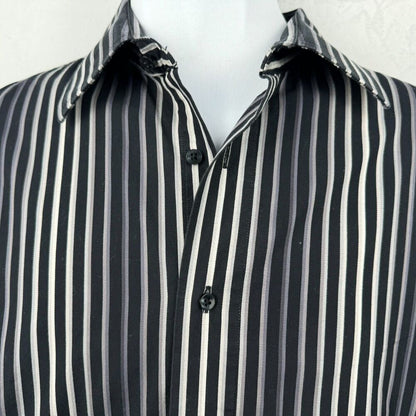 Report Collection Men Shirt Sz L Striped Button Down Long Sleeve Black Gray