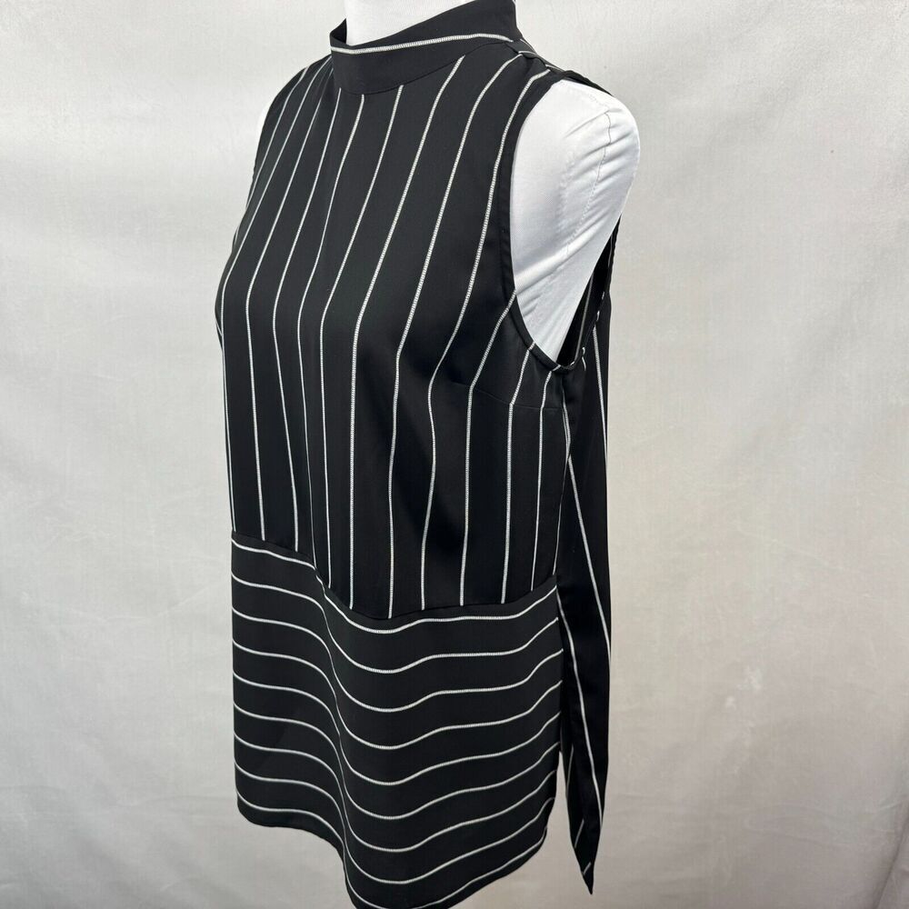 Nine West Top Sz S Black White Striped Sleeveless Mock Neck Slit Sides