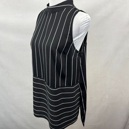 Nine West Top Sz S Black White Striped Sleeveless Mock Neck Slit Sides
