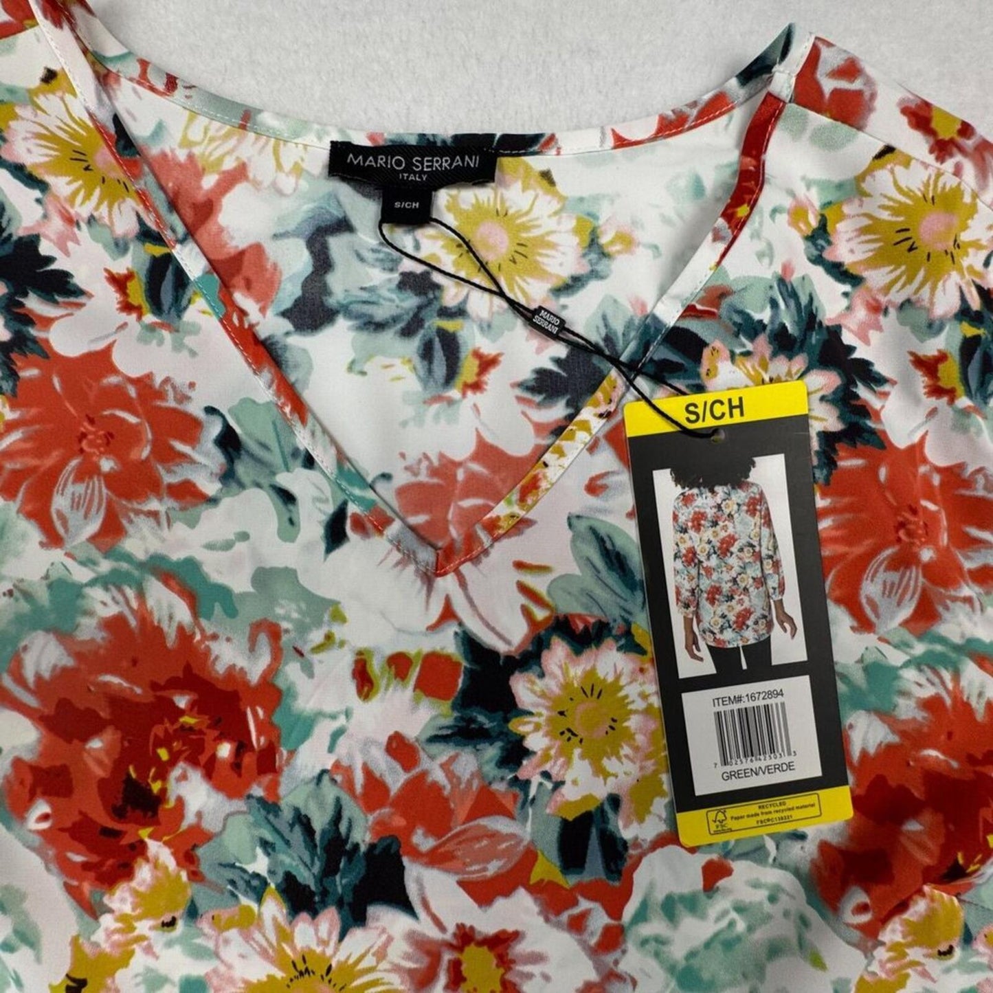 Mario Serrani Women Top Sz S NWT Green Floral V-Neck Top 3/4 Sleeves B2119