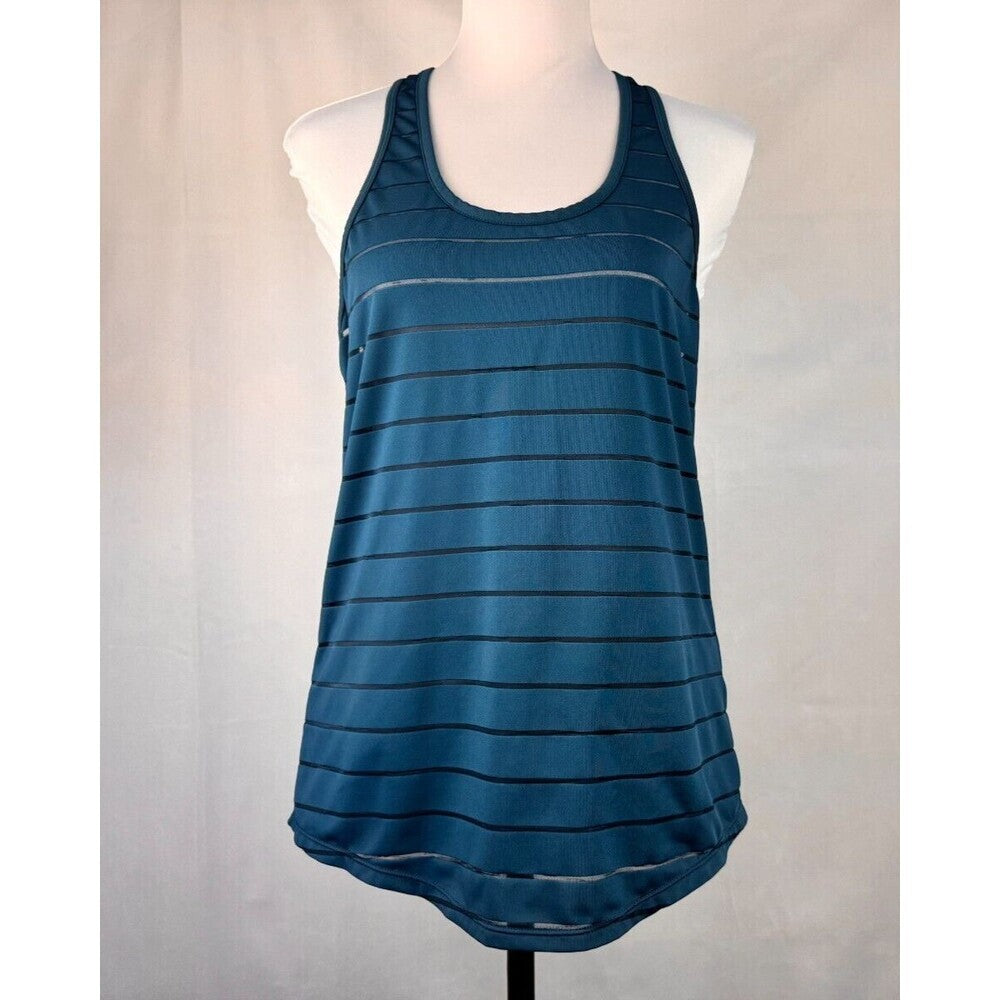 A blue athletic tank top with thin horizontal black stripes, displayed on a white mannequin torso against a light gray fabric backdrop.