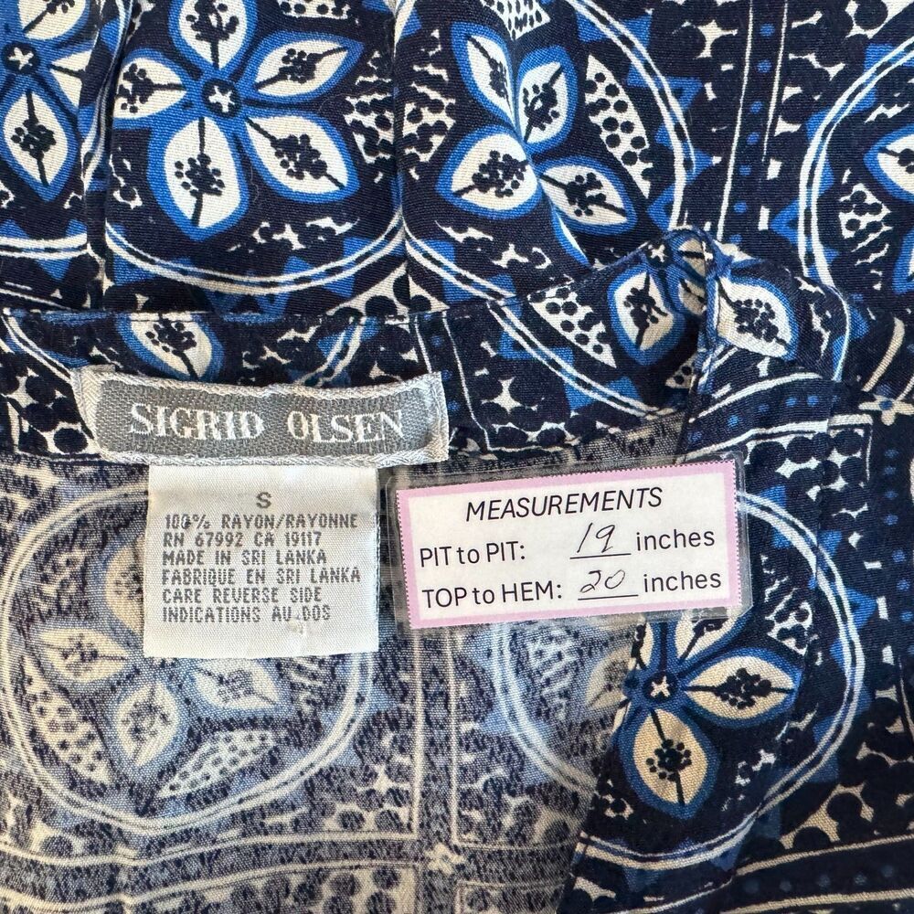 Sigrid Olsen Women Crop Top Sz S Black Blue Button Down VNeck Sleeveless