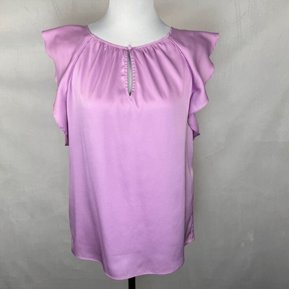 White House Black Market Women Sz XS Pink Round Neck Keyhole Flutter Sleeve