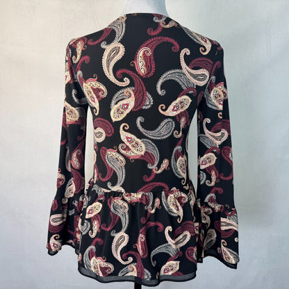 White House Black Market Sz XXS Paisley Print Peplum Criss Cross Tie Bell Sleeve