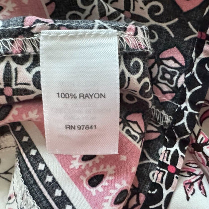 J. Jill Women Sz M Tunic White Floral Print Border Split Neck Long Sleeve