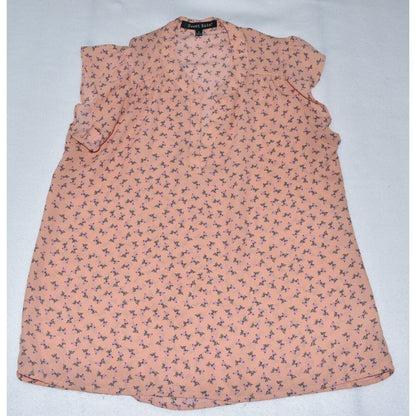 A sleeveless peach-colored blouse with a small all-over floral print, laid flat on a light gray background. The brand name 'Port & Company' is visible on the inner neck label.