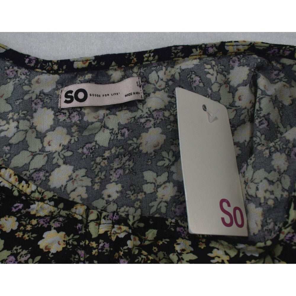 So Goods For Life Juniors Short Sleeve Crop Top V-Neck Floral Black Sz S NWT