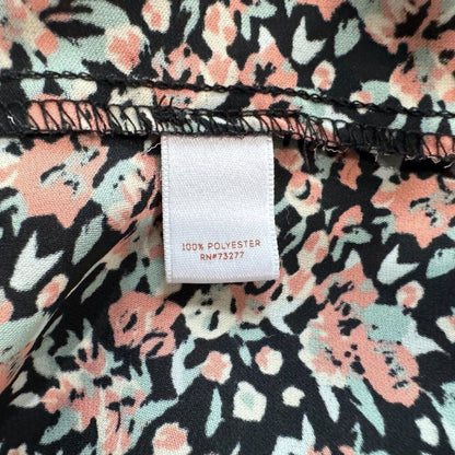 LC Lauren Conrad Top Women Sz L Black Multi Floral Pleated Round Neck Tie Back