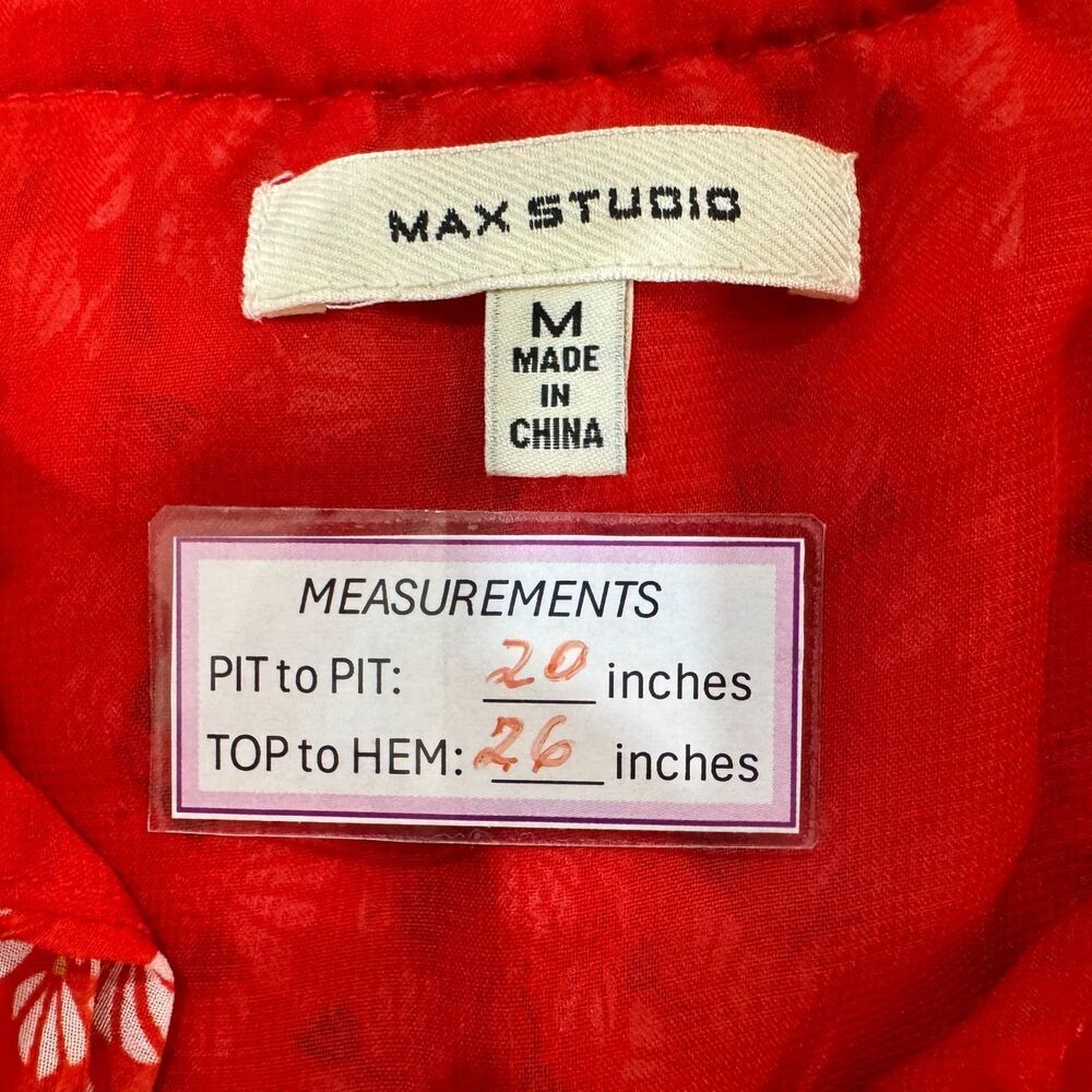 Max Studio Blouse Sz M Red Floral Ruffle Neck Drawstring Tie Lined Sleeveless