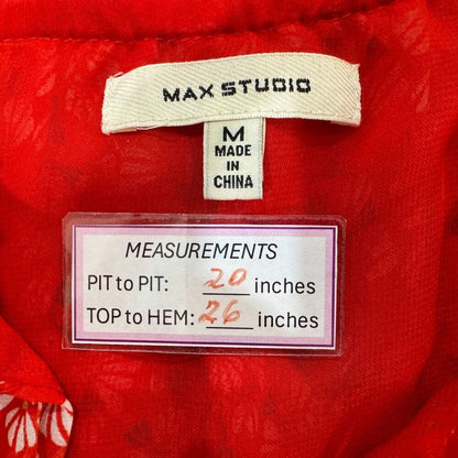 Max Studio Blouse Sz M Red Floral Ruffle Neck Drawstring Tie Lined Sleeveless