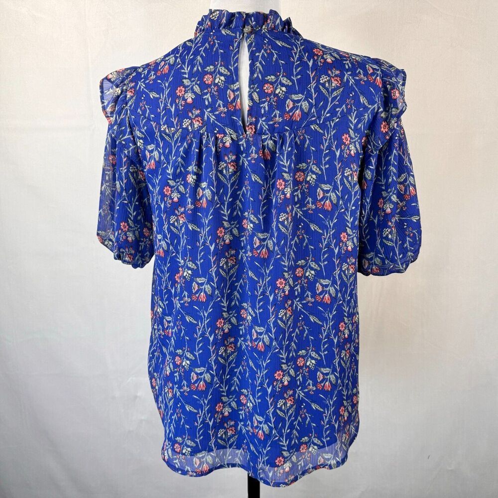 LOFT Women's Sz S Blouse Blue Floral Ruffle Crew Neck Puffed Ruffle Short Sleeve