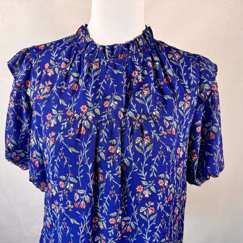 LOFT Women's Sz S Blouse Blue Floral Ruffle Crew Neck Puffed Ruffle Short Sleeve