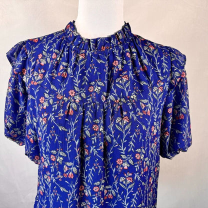 LOFT Women's Sz S Blouse Blue Floral Ruffle Crew Neck Puffed Ruffle Short Sleeve