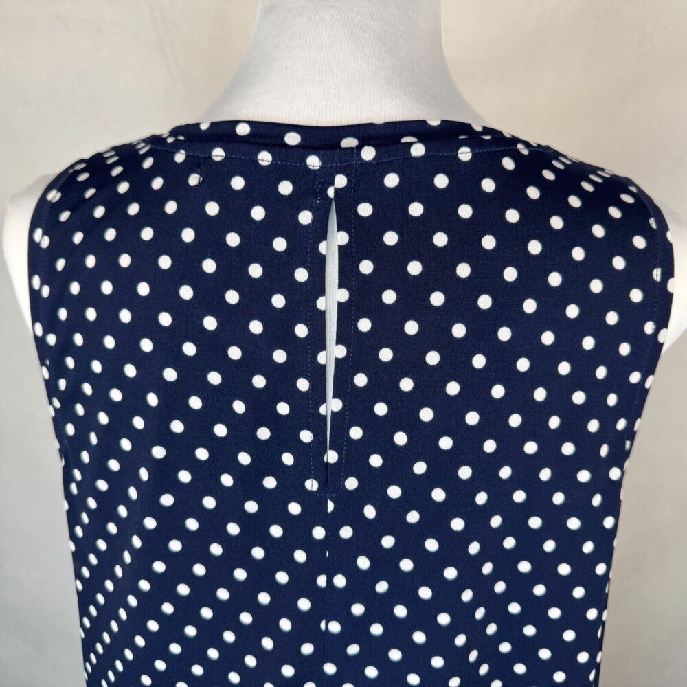 Chaus New York Sz  L Top Navy Polka Dots Scoop Neckline Sleeveless Back Slits