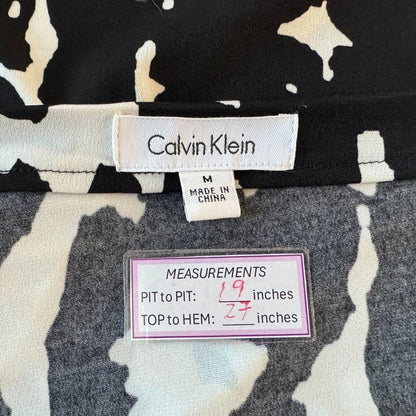 Calvin Klein Women Sz M Black White Print Cowl Neck Drape Cap Sleeve Designer