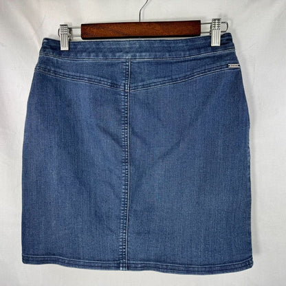 Prana Women Blue Denim Stretch Skirt Sz 2 Side Zip Closure two front pockets