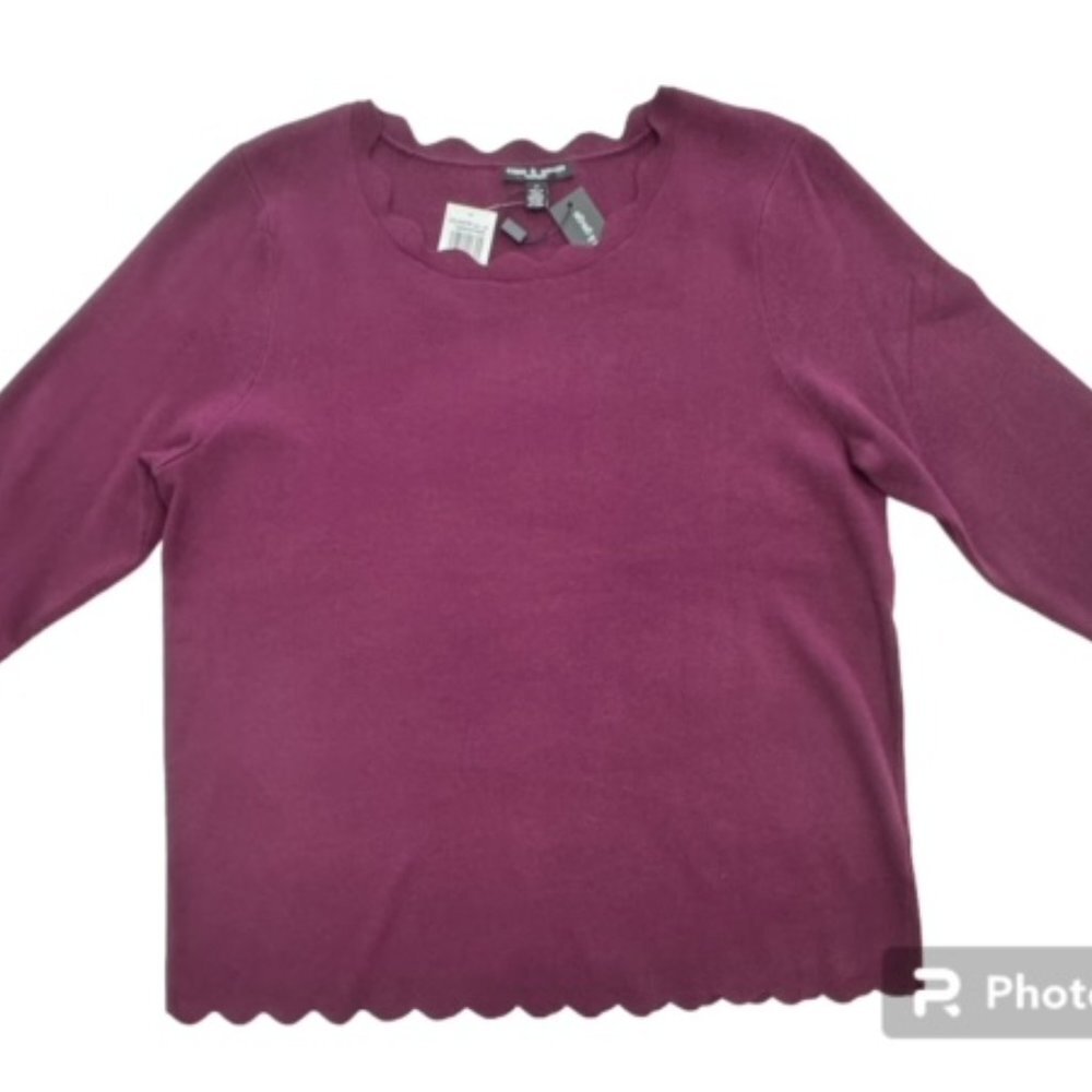 Cable & Gauge Women's Burgundy Scallop Neck Long Sleeve Sweater NWT