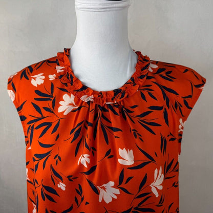 Daniel Rainn Top Sz 8 Pullover Keyhole Orange Floral Print Ruched Neckline