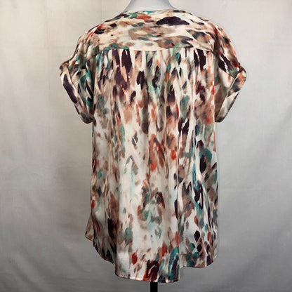 Liz Claiborne Blouse Sz M Beige Multicolor Print Henley neckline cap sleeve