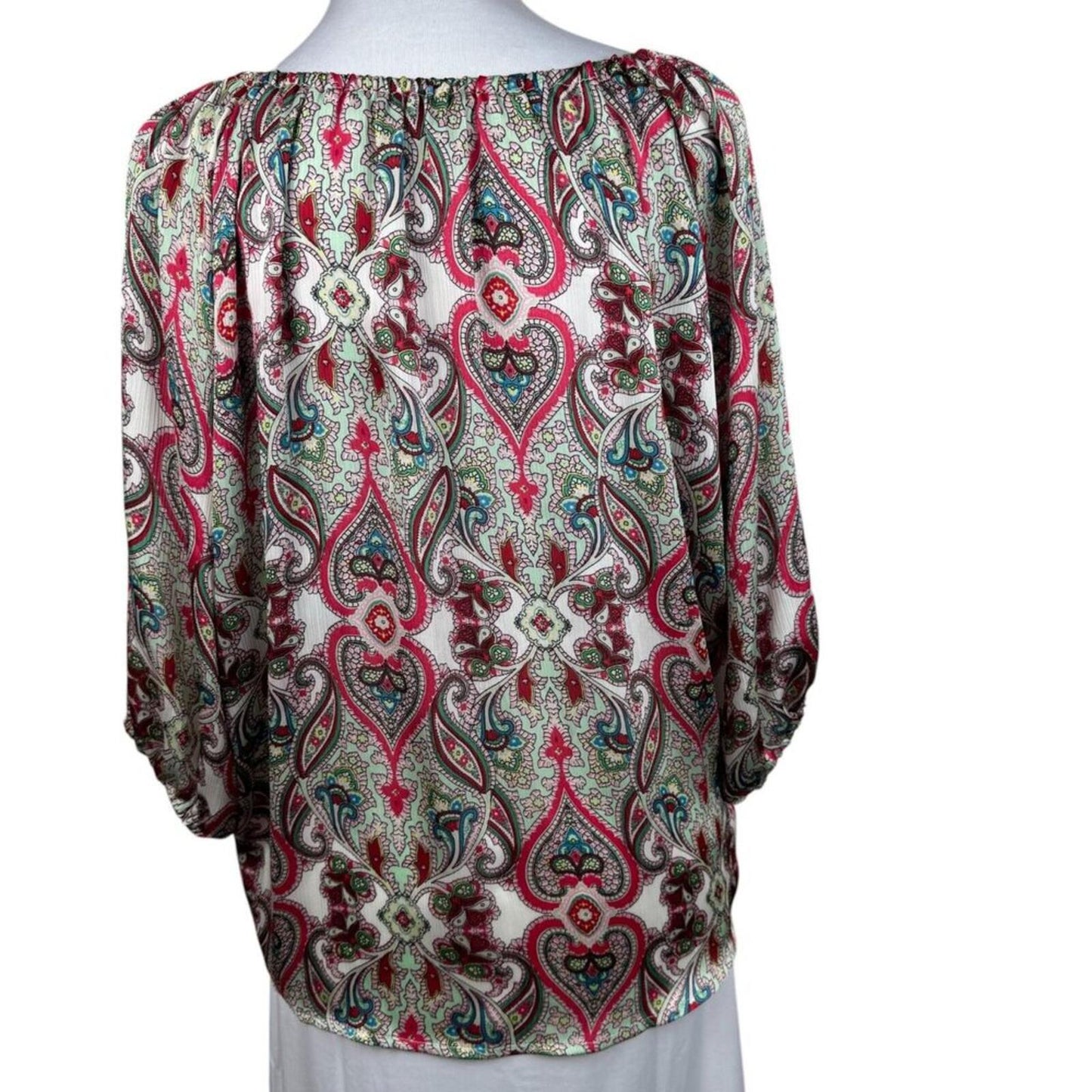 NY Collection Women's Top Sz S Sheer Ivory Paisley Print Scoop Neck 3/4 sleeve